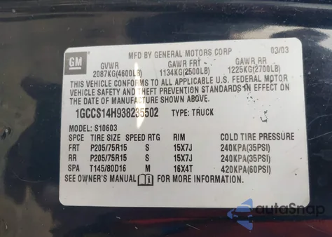 2003 Chevrolet S-10 S10 from USA, damaged, VIN 1GCCS14H938235502